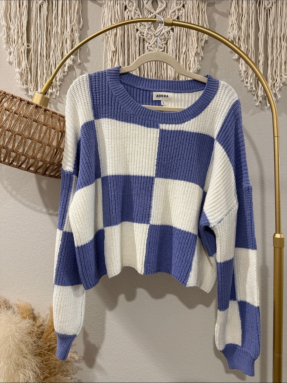 ADORA Lavender and White Checkered Crewneck Sweater